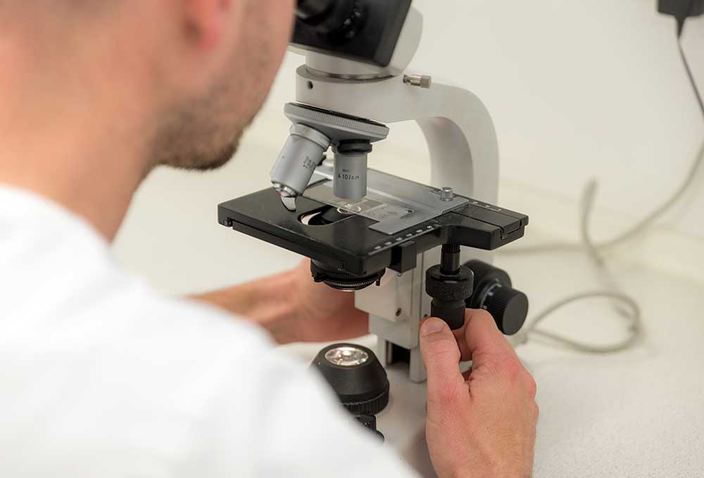 Labordiagnostik - Arzt schaut durch ein Mikroskop hindurch
